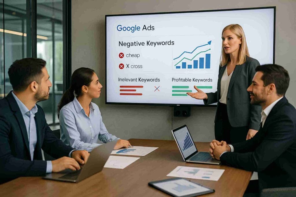 Marketing team presenting Google Ads negative keyword analysis to client.