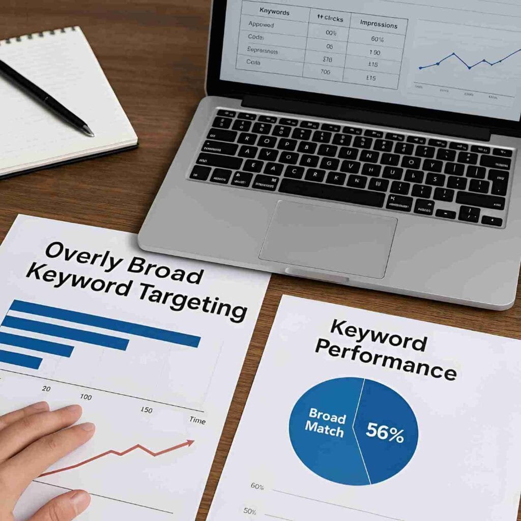 Keyword targeting analysis with reports, charts, and laptop dashboard.