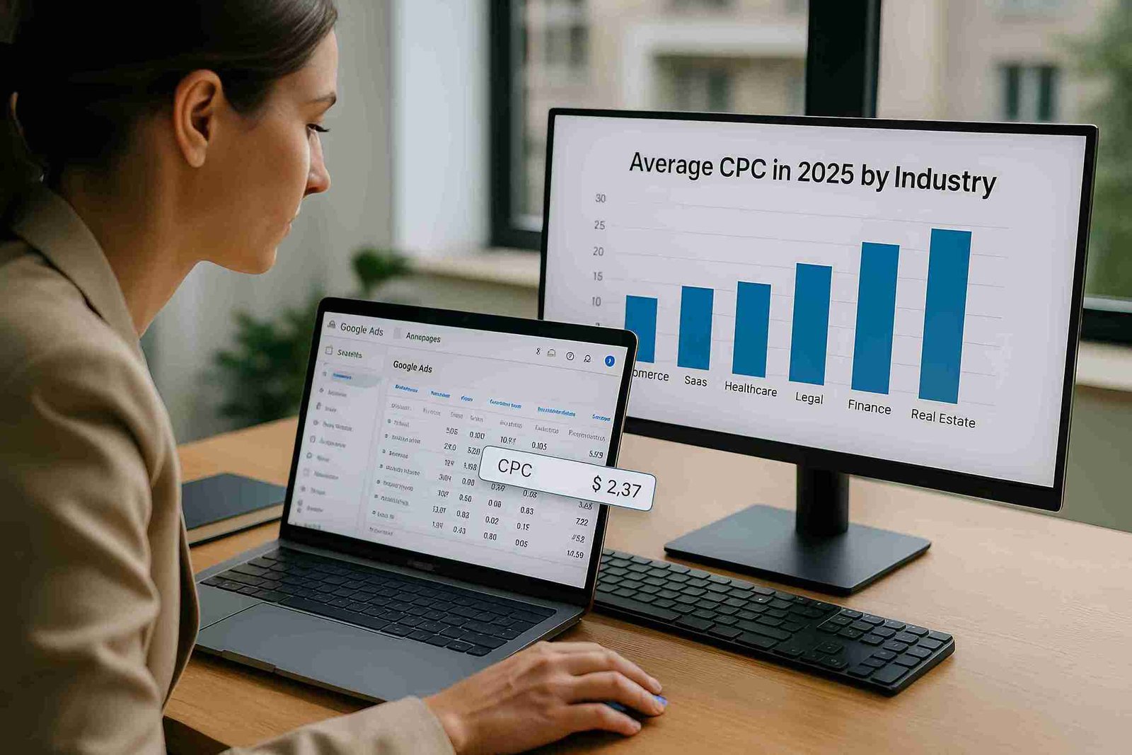 CPC by industry comparison on dual monitors with charts and tables
